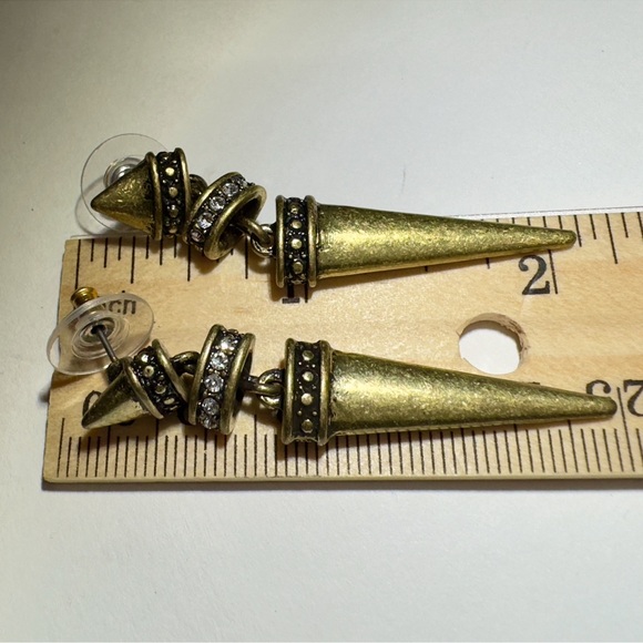Antique Gold Spike Drop Statement Earrings. Post stud Dangle. Unique & Fun! - Picture 7 of 8
